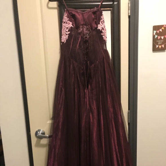 Plum Colored PROM DRESS w/ Pink Embroidery - Picture 4 of 6